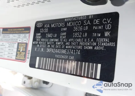 2021 Kia Rio S из США, поврежденный, VIN 3KPA24AD9ME374174